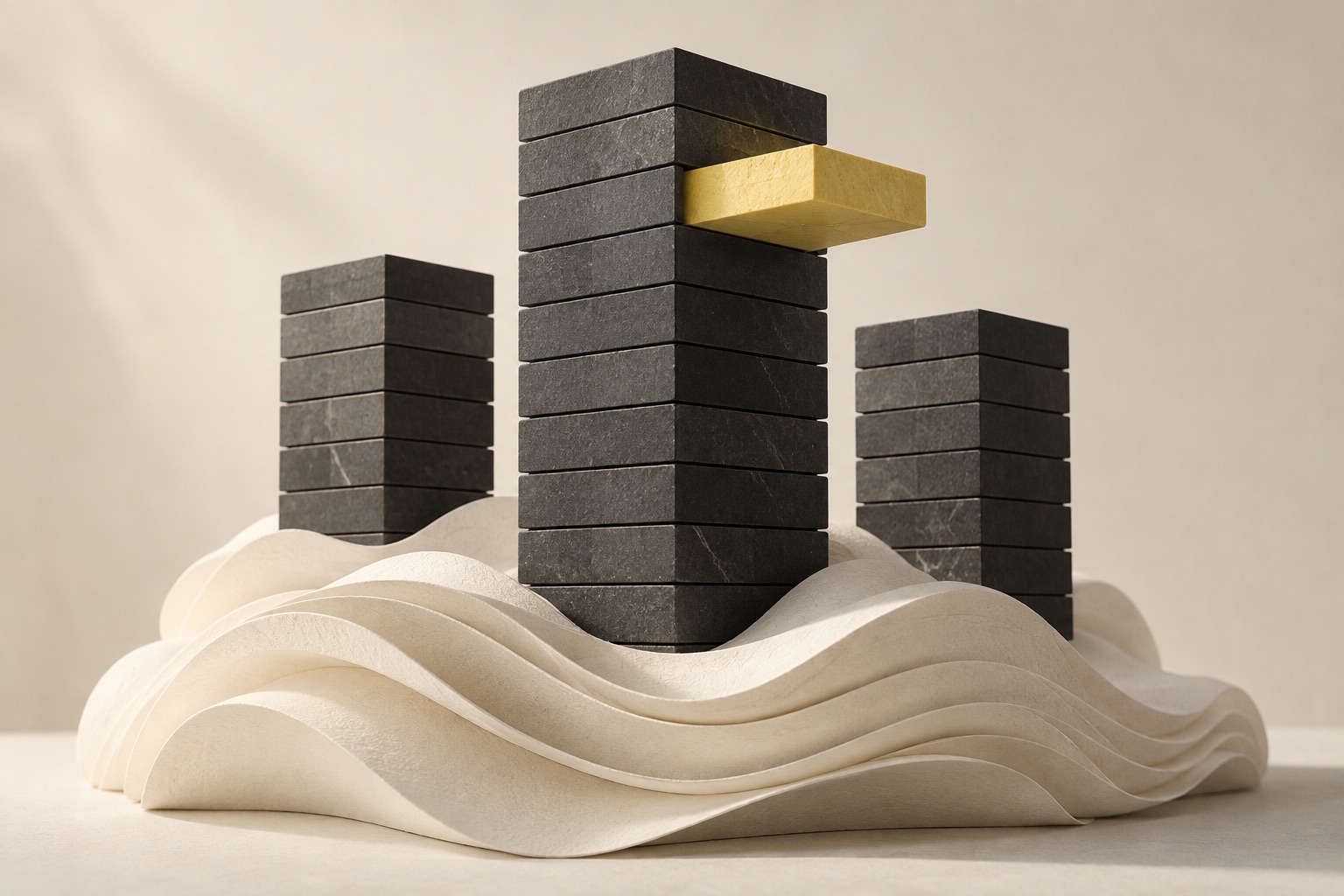Modular charcoal towers on an ivory foundation, representing flexible cloud computing capacity.