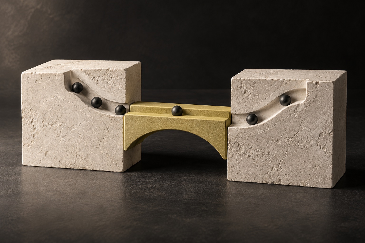 Two ivory blocks joined by a yellow bridge carrying tokens, representing communication through APIs.