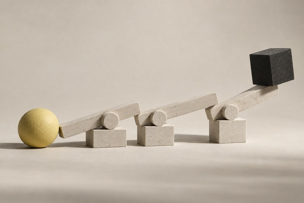 A yellow sphere triggering a sequence of ivory levers, representing event-driven functions.