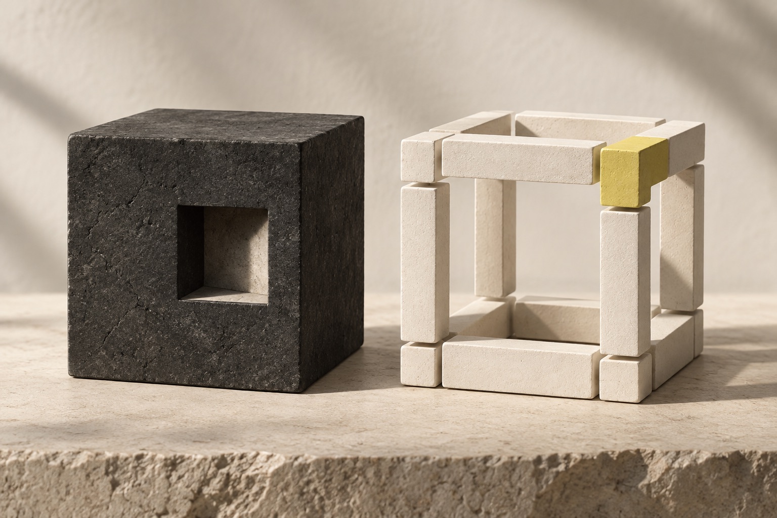 Solid and modular cube structures comparing traditional and portable software frameworks.