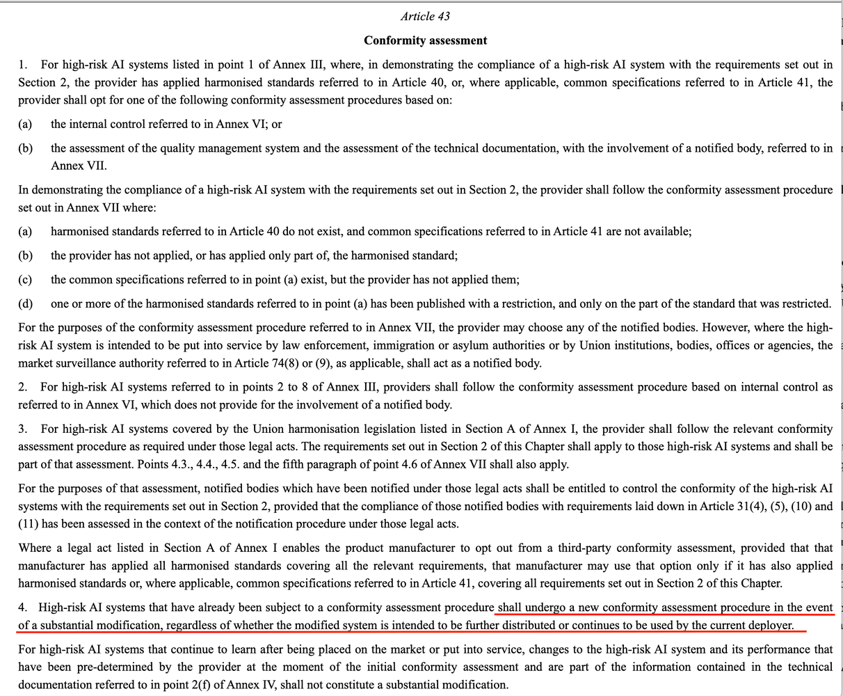 EU AI Act Article 43: conformity assessment and substantial modifications
