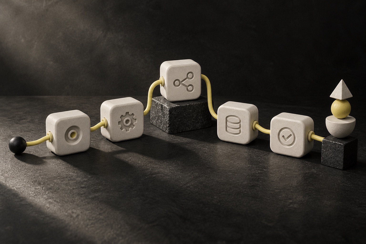 Connected sculptural modules forming an automated workflow.