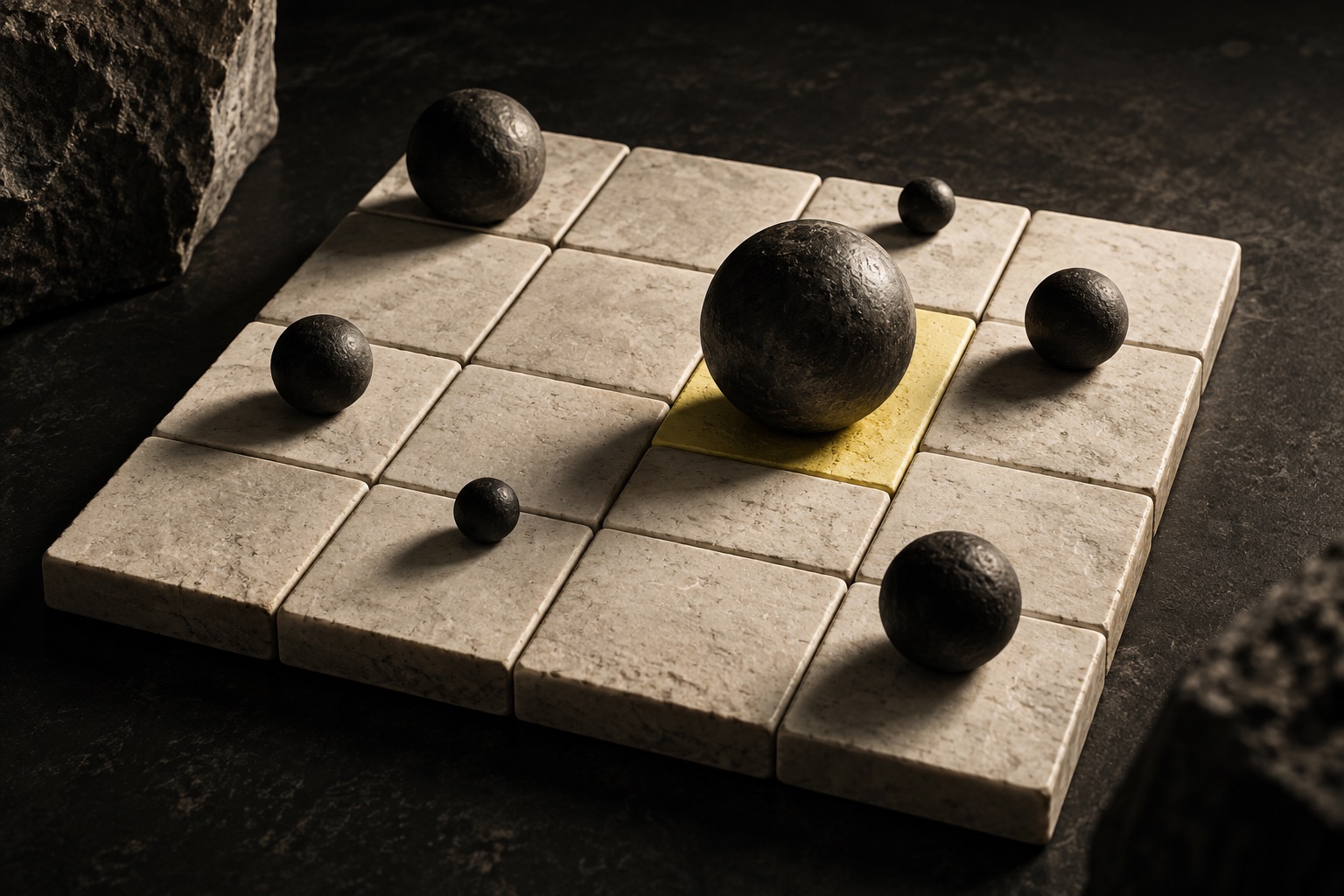 Dark spheres of varying sizes on a stone grid with one yellow tile, representing probability and severity of harm.