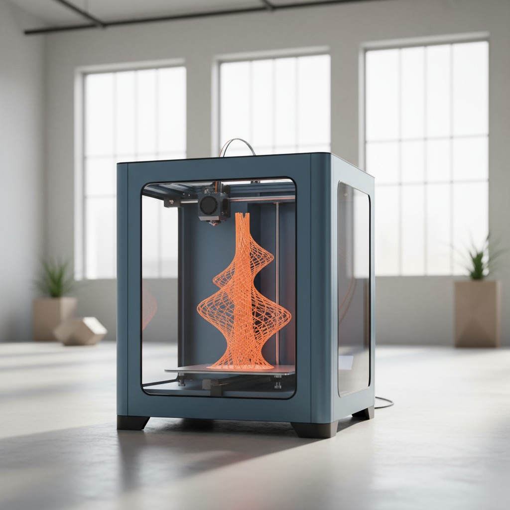 A 3D printer in a room with a window, printing an orange patterned object.