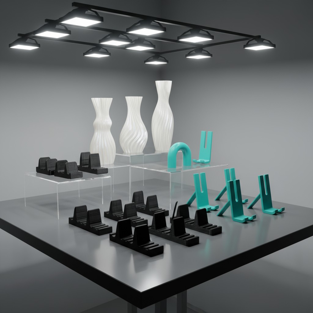 A group of lights mounted on a horizontal beam with black fixtures illuminating different shapes and vases illuminated in ...