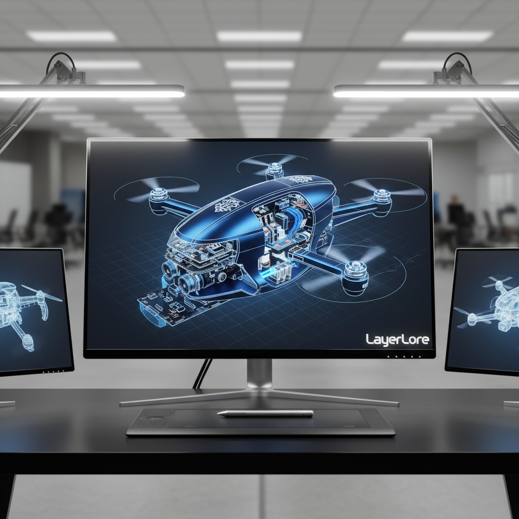 Two computer monitors displaying a blue detailed model of a drone, under desk lamps. The company name "LayerLore" is in th...