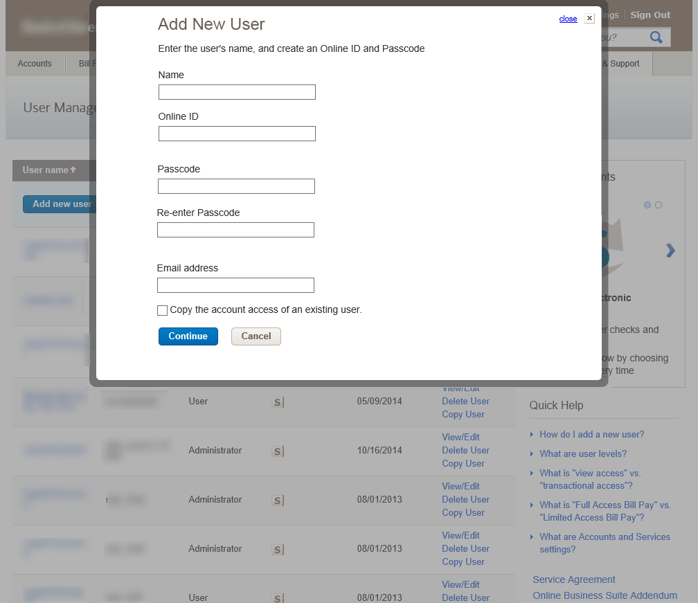 Add New User screen - link opens a new window