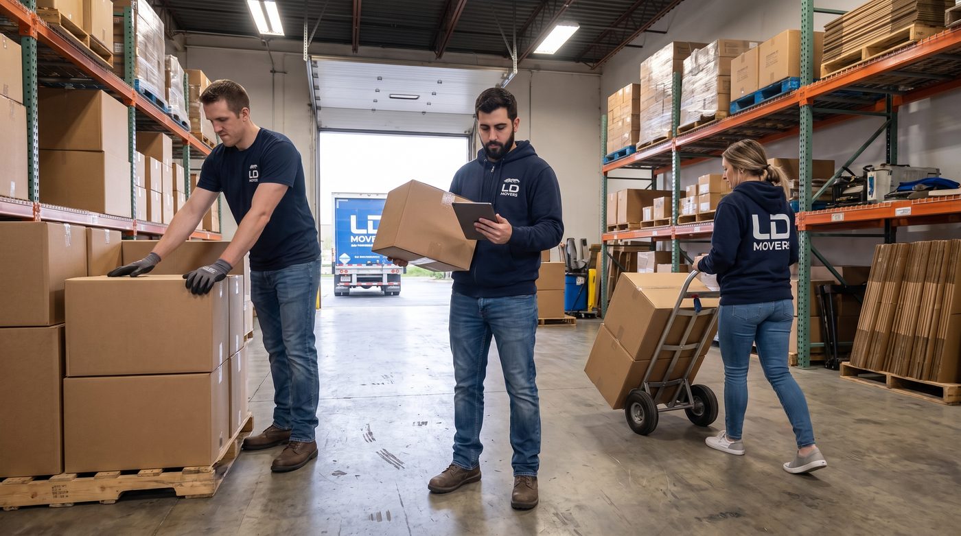 LD Movers crew handling boxes and a hand truck in a warehouse