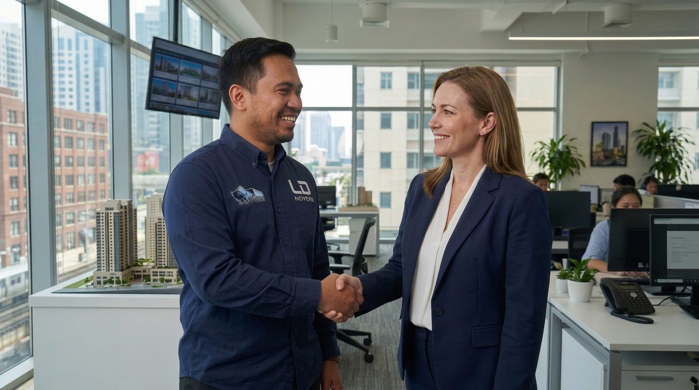 LD Movers representative shaking hands with a client in an office