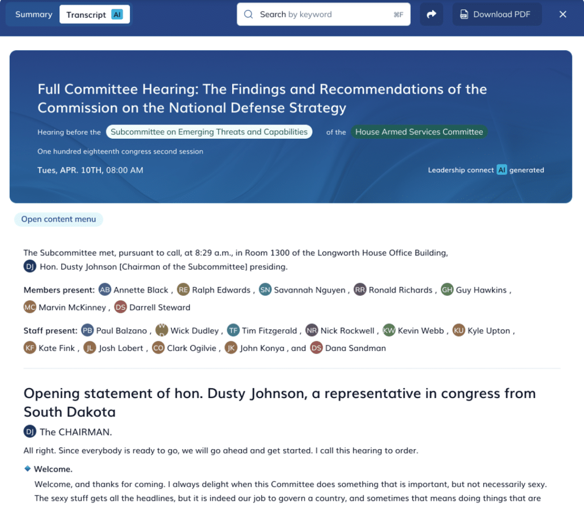 Congressional Hearings Transcripts Schedules Alerts Leadership Connect