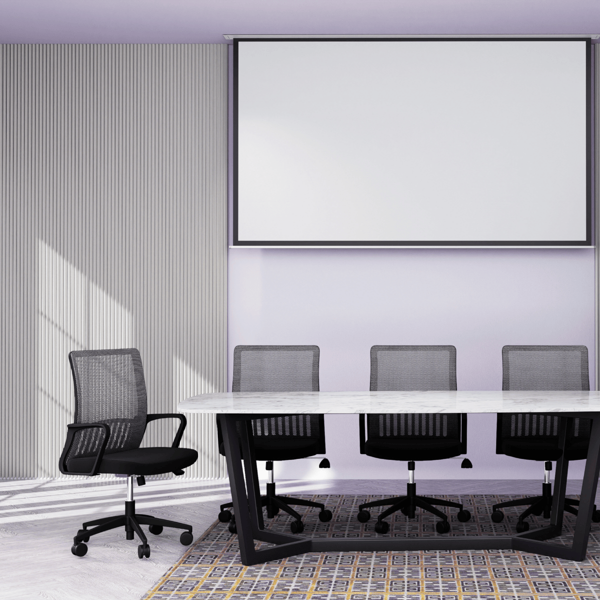 A conference table with empty chairs, one pulled out at the end.