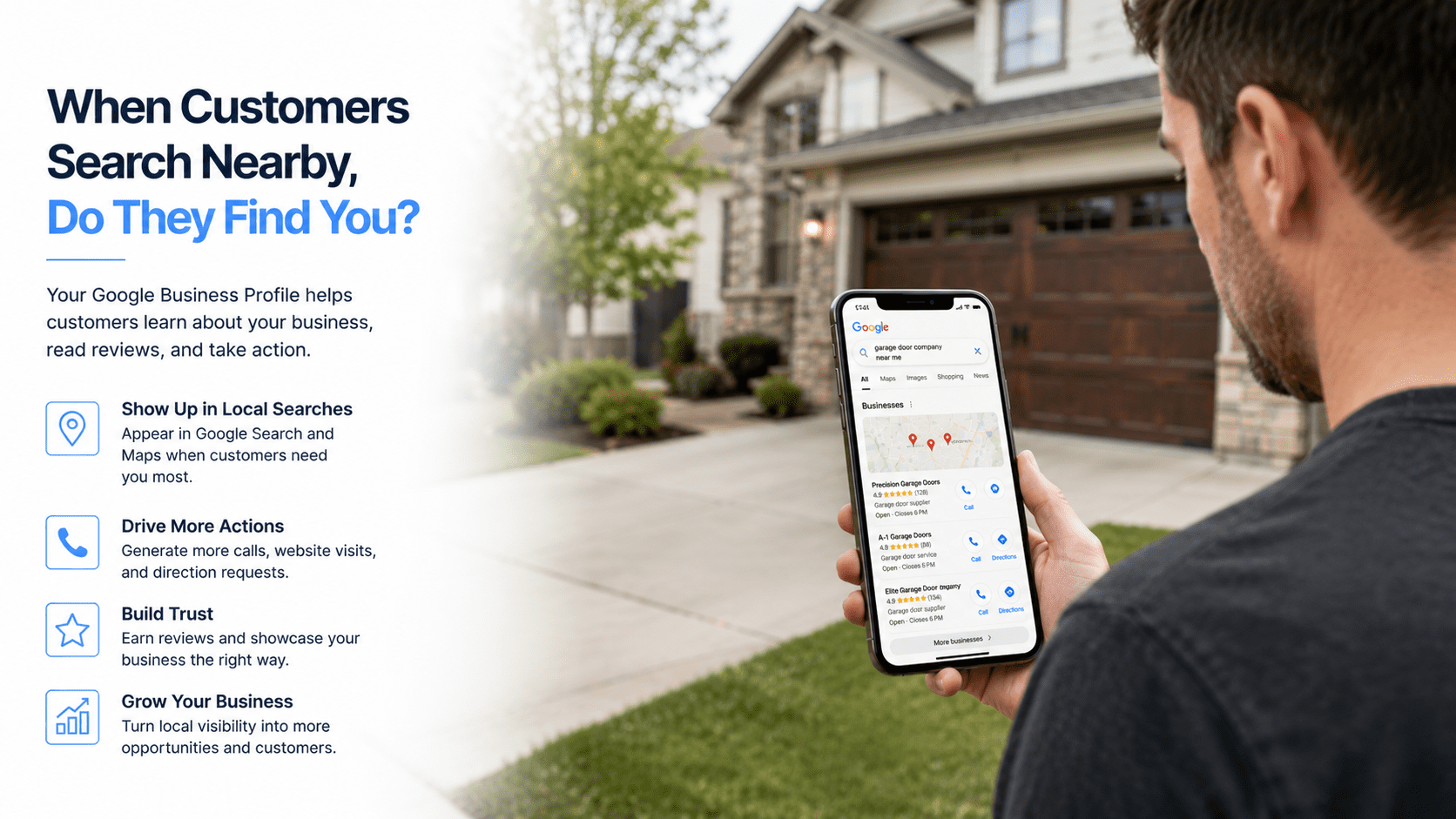 Homeowner searching for a garage door company on Google Maps using a smartphone