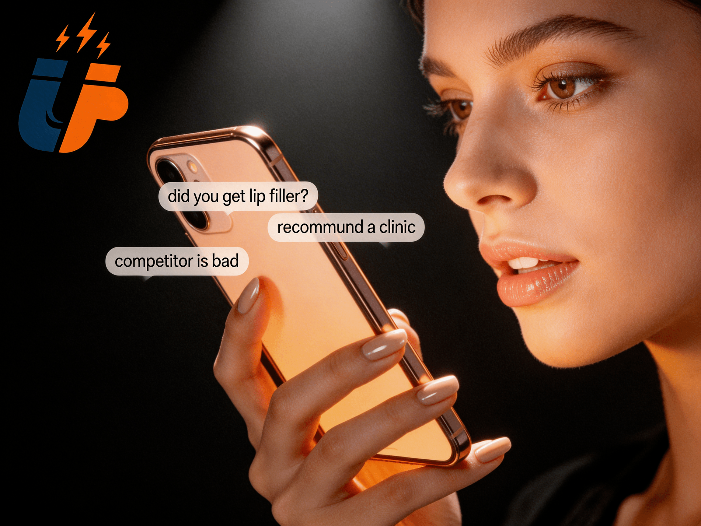 A woman holds a rose gold smartphone close to her face, its screen casting a warm glow across her skin as fragments of social media comments dissolve into the air around it, her expression sharp and knowing — used to illustrate how LeadPulls uses social listening to find med spa clients in real-time online conversations.