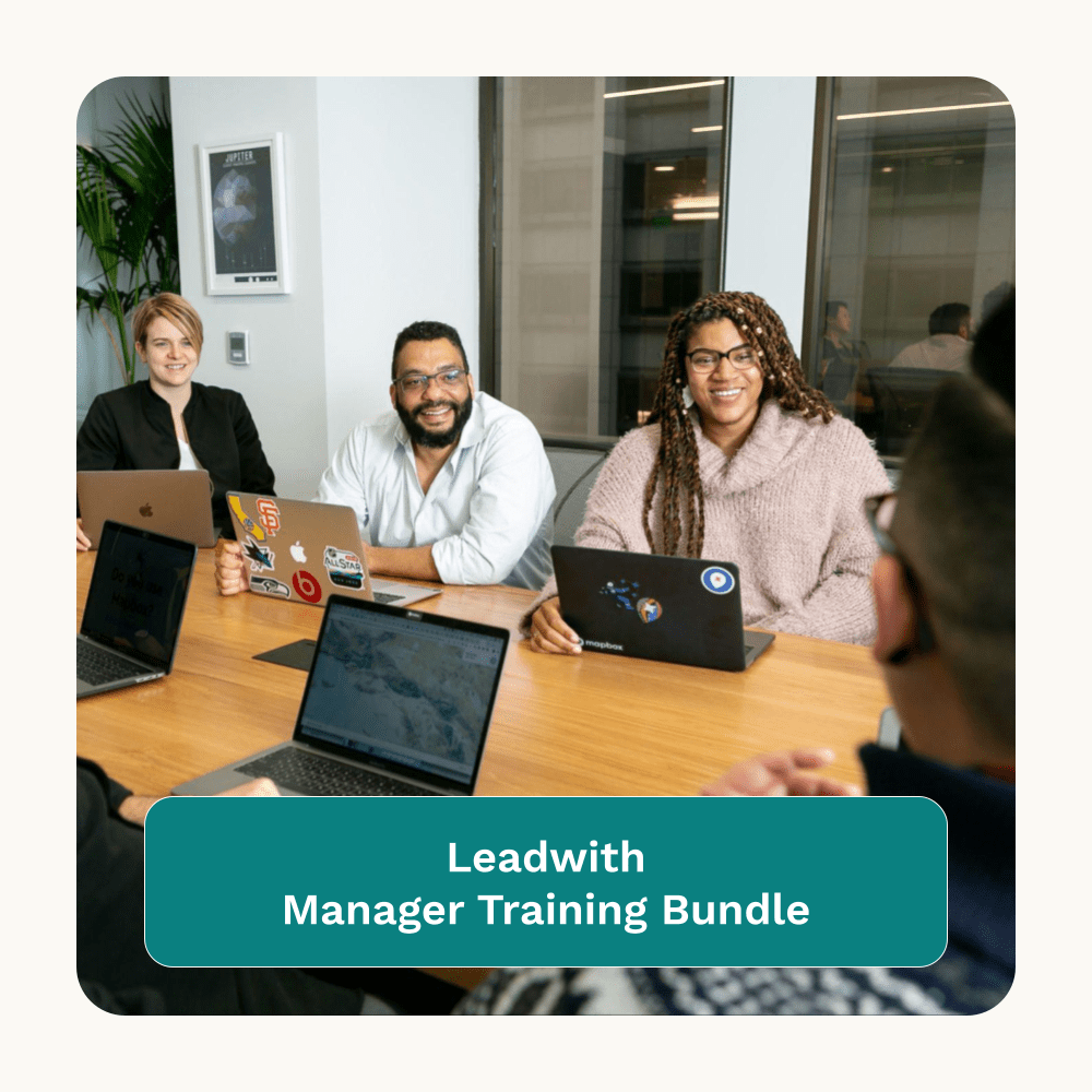 An image of three people with computers in an office with the words Leadwith Manager Training Bundle in bottom