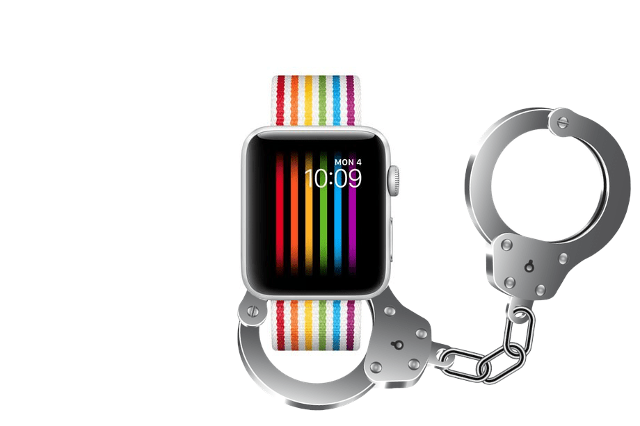 A Pride watch face and Pride watch band on an Apple Watch with handcuffs around the band.