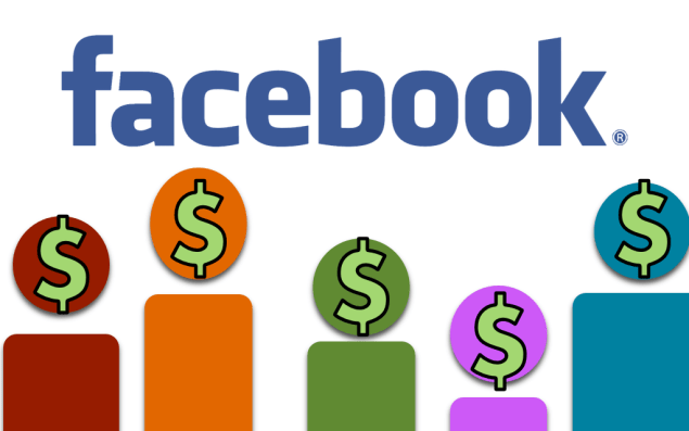 Facebook logo with stick-figure-like people. Dollar signs are above each person's head.