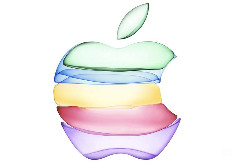 Apple logo made up of transparent purple, red, yellow, blue, and green pieces