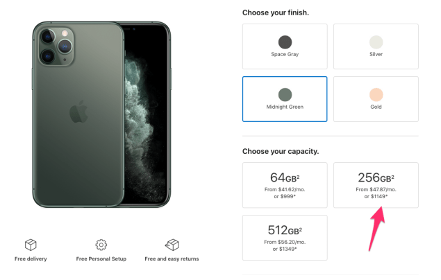 Arrow pointing to price of new iPhone 11 Pro minimum usable storage level