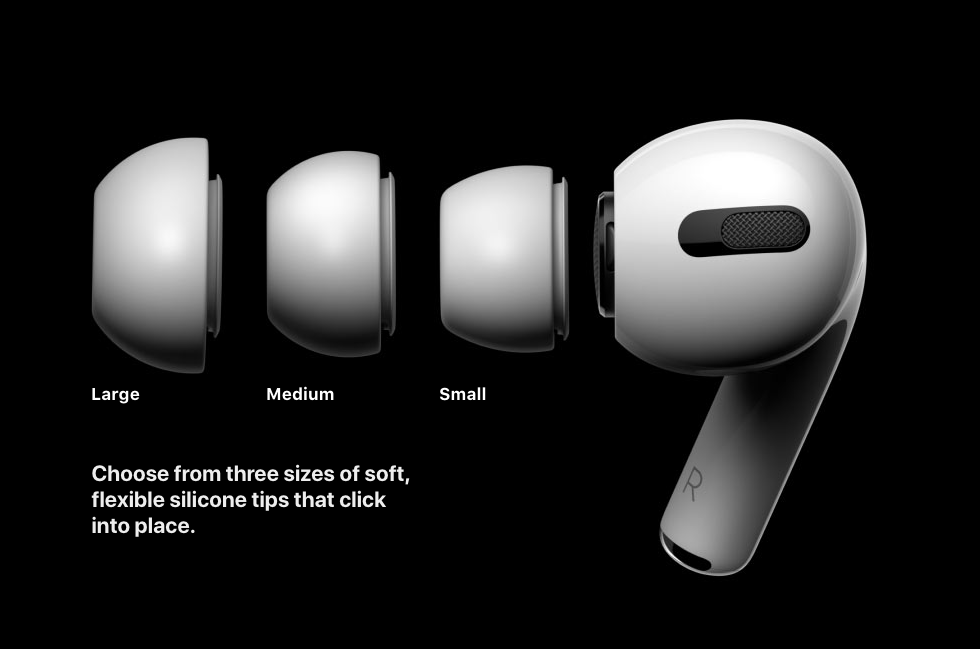 Three sizes of tips for the AirPods Pro