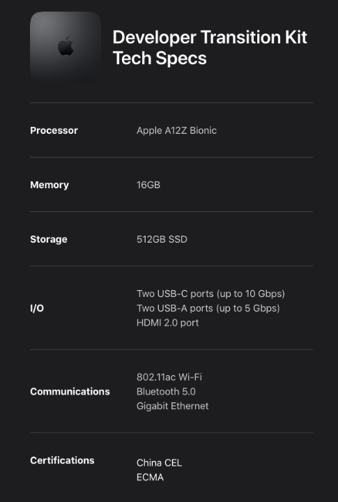 Hardware specs of Mac Mini with A12Z Bionic processor and 16GB of memory. 