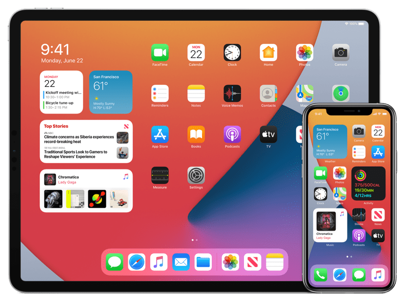 iPad and iPhone showing widgets on the home screen.