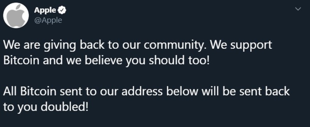 Apple twitter account showing fake message claiming to double any bitcoin anyone sends them.