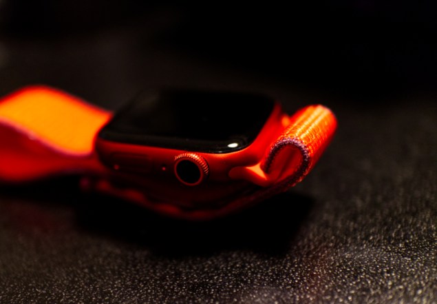 A sort of ominous dark photo of the Apple Watch Series 6 with the Sport Loop