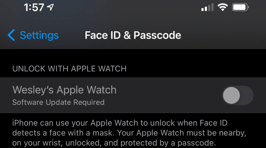 Settings on the iPhone iOS beta that shows an "Unlock with Apple Watch" section. It says the Apple Watch must have a passcode for this to work.