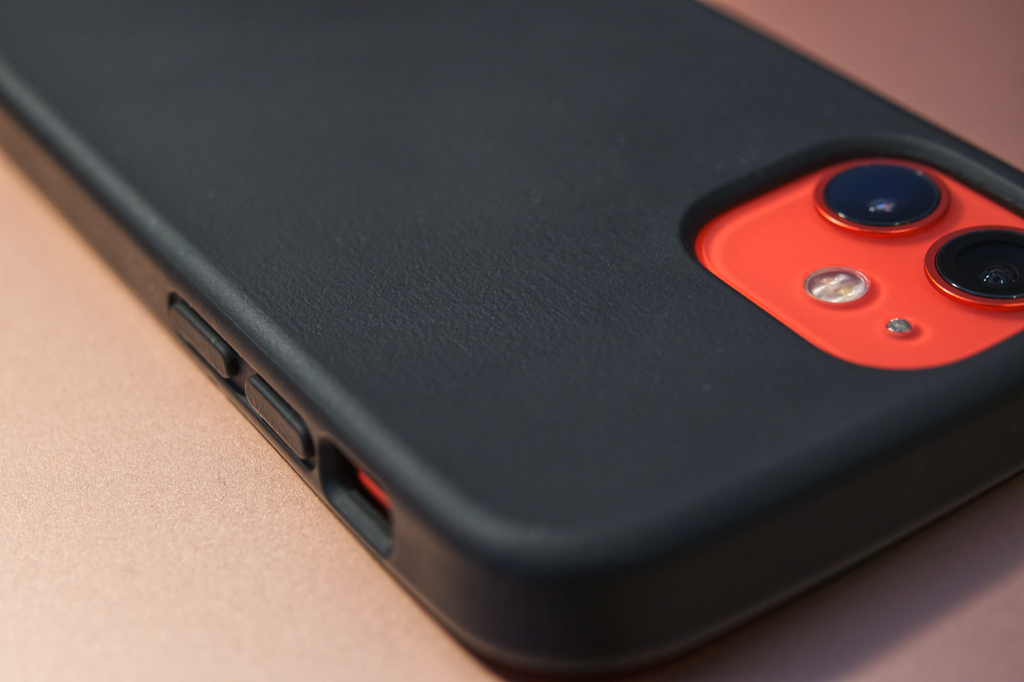 Incipio Organicore iPhone 12 mini case on the iPhone. Texture is shown, soft and not perfectly smooth.