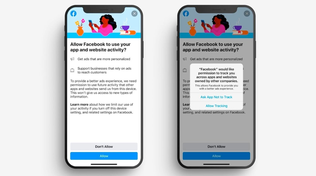 Screenshot mockups of Facebook's prompts asking them to violate privacy. It happens before given the iOS-native popup, so, presumably, they could ask multiple times and try to push the user to allow tracking. It suggests it would "Get ads that are more personalized" and "Support businesses that rely on ads to reach customers."