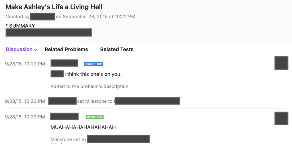 Ticket in Apple's Radar system titled, "Make Ashley's Life a Living Hell." It's a big joke to the participants.