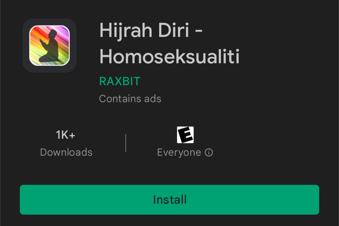 Play Store screenshot showing a conversion therapy app, Hijrah Diri - Homoseksualiti