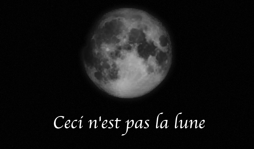A photo from Samsung's generated moon image. Below, french text Ceci n'est pas la luna, This is not the moon.