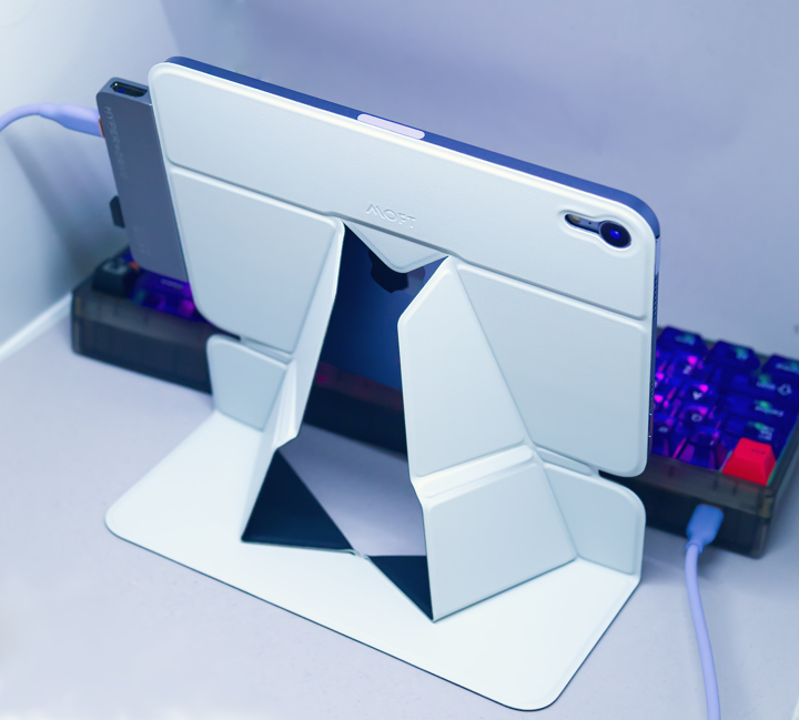 Moft Snap Float Folio iPad mini stand with keyboard setup. Stand is in an elevated position