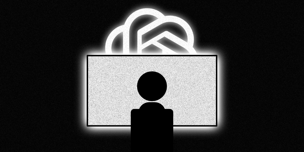 A illustration of a computer screen with static on it, filling a room with its light as a figure sits in front of it. An illustration of a partially obscured chat logo sits behind it.