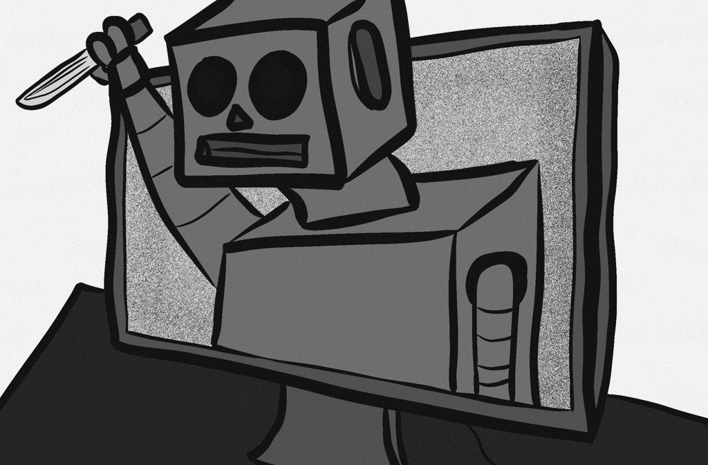 A robot with a knife leaves a computer screen. It's hand-drawn by someone with limited, if any, artistic talent