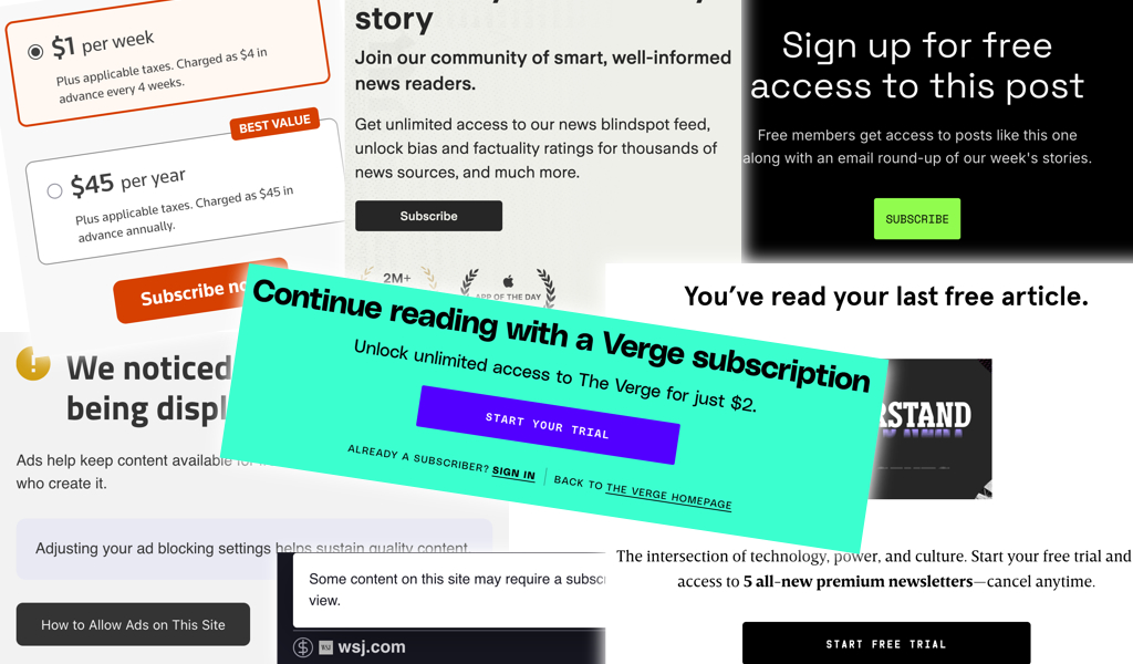 A variety of paywalls from across the web