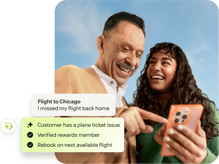 Illustration of a Zendesk AI agent identifying a flight issue and suggesting a rebooking