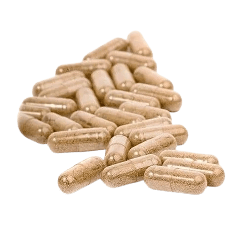 A pile of filled beige capsules