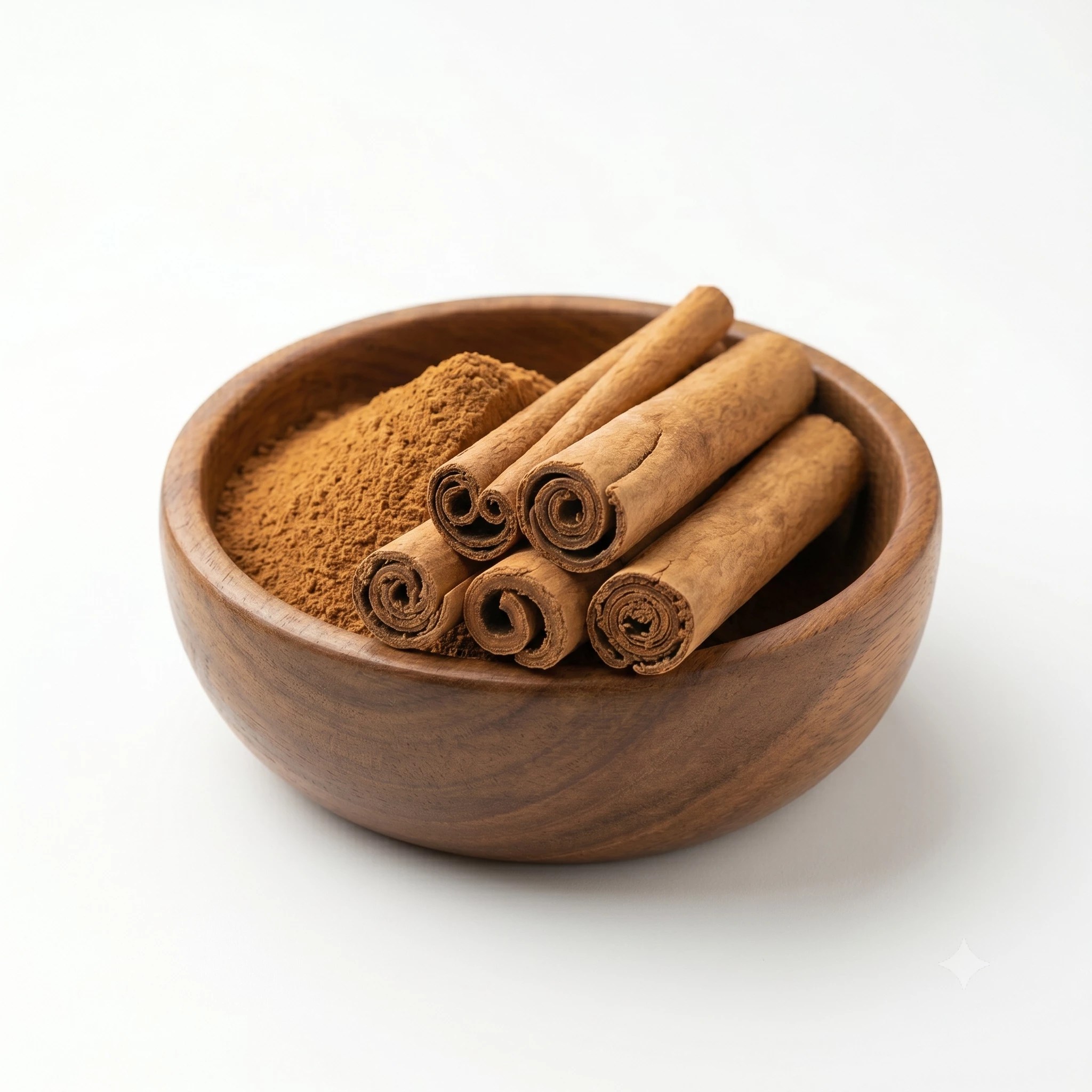 Cinnamon sticks resting on ground cinnamon in a wooden bowl