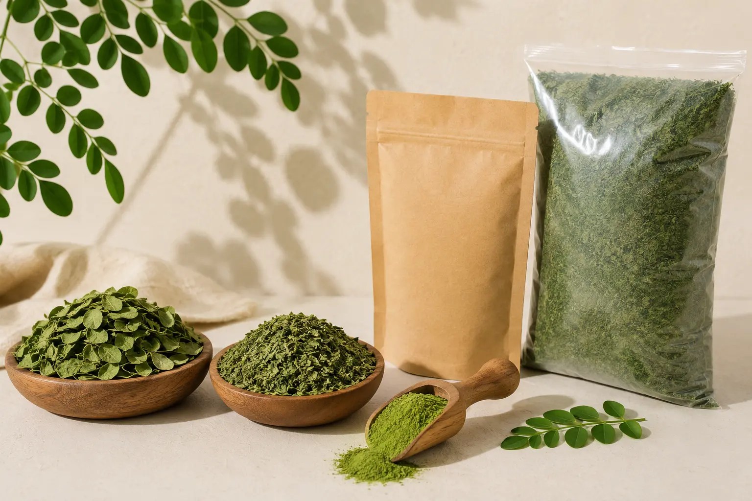Moringa leaves, moringa powder and private-label pouches