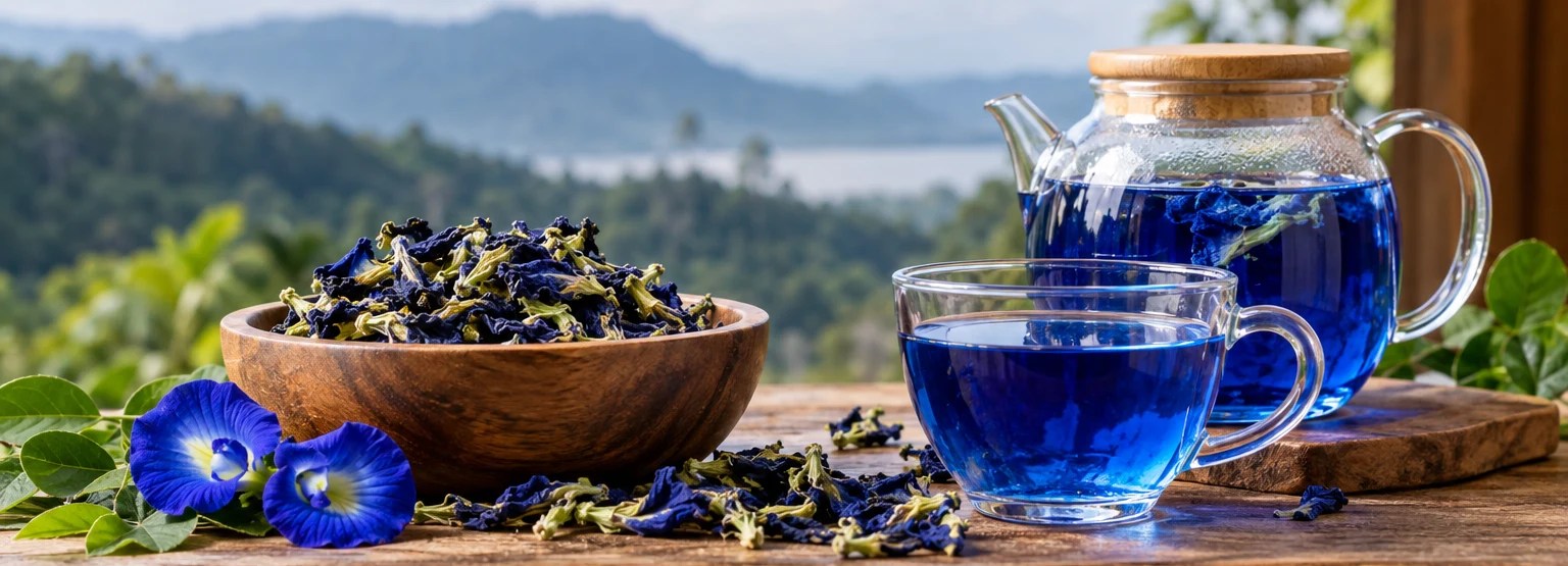 Butterfly pea flower featured drink and botanicals