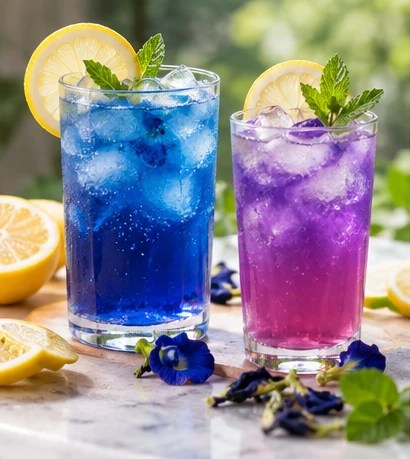 Blue and purple butterfly pea lemonade
