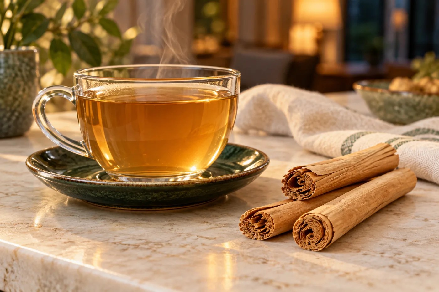 Amber cinnamon tea in a glass cup beside layered Ceylon cinnamon quills