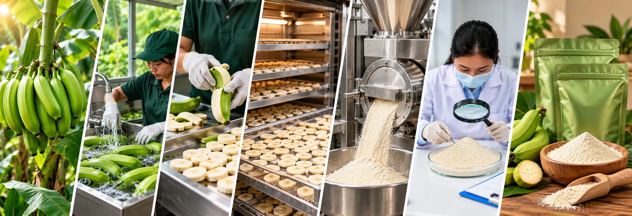Green banana flour making process: peeled green bananas sliced, dried and milled into flour
