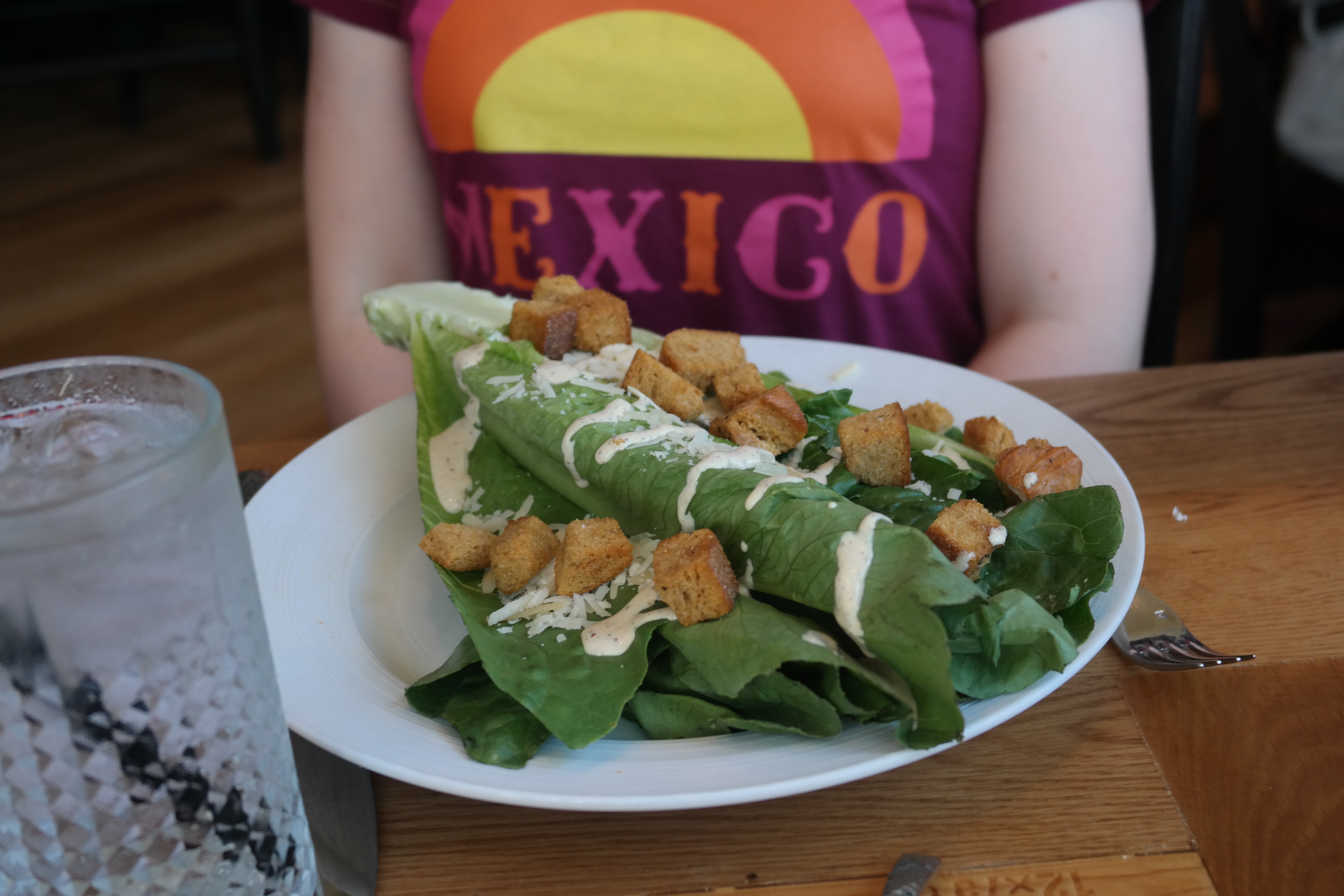 The Caesar salad was meant to be grilled but that was a bit too adventurous for Isabelle, and the staff were happy to accommodate our request for a non-grilled version. This was Caesar salad as it was originally designed. Whole lettuce leaves that traditionally would be picked up and eaten. We chose a knife and fork however.