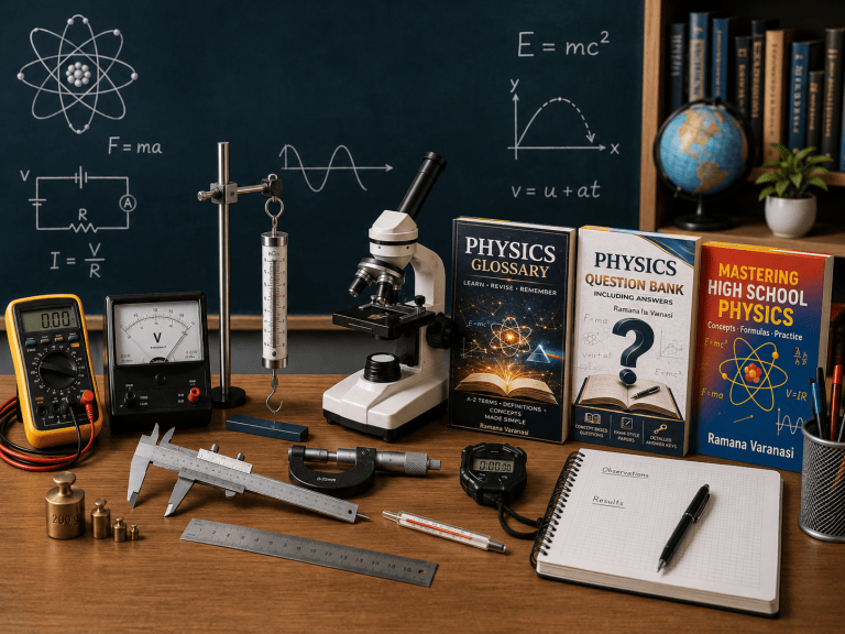 Physics laboratory and reference books, measurement tools, and physics reference books for learning