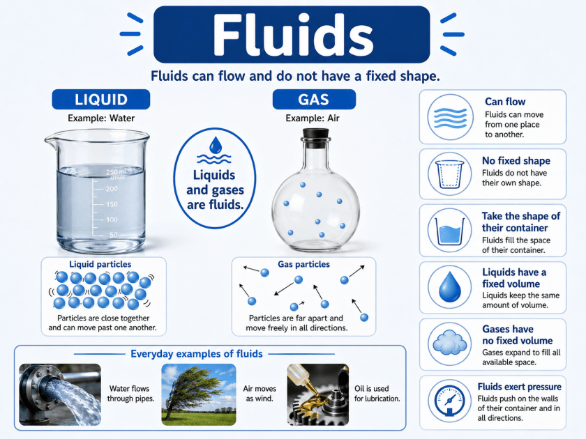 Educational infographic explaining fluids, showing liquids and gases, their particle arrangements, ability to flow, lack of fixed shape, differences in volume, fluid pressure, and everyday examples such as water in pipes, wind, and lubricating oil.