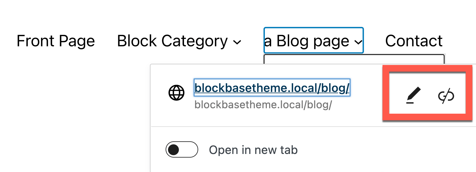 Navigation menu edit link visible with a highlight with an edit or unlink option visible.