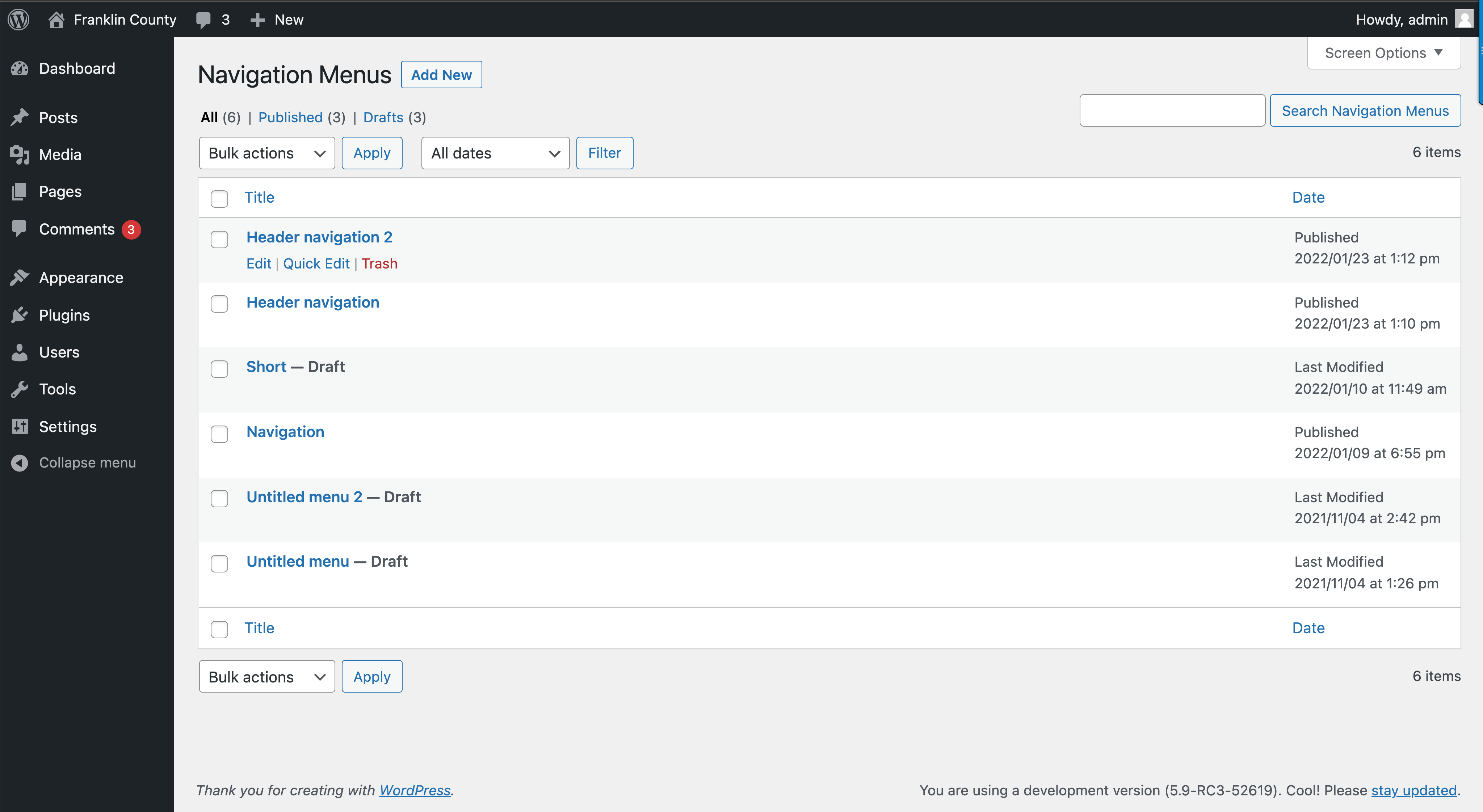 Manage Navigation menus editor.